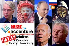 Accenture Head CISO Kelly Bissell photo, sleepy clown photo, CISO, Enron/Accenture/Arthur Andersen/Deloitte logos, IT Education, DeVry University logo, Fake, Russian President Vladimir Putin photo, hacker photo, Russian flag, Bitcoin logo, U.S. President Joe Biden photo, invalid Star Trek Captain Christopher Pike photo.  Pre-transformed photos, logos, image, and flag used under Title 17 (copyrights) of U.S. Code, § 107 (fair use: criticism, comment, news reporting).